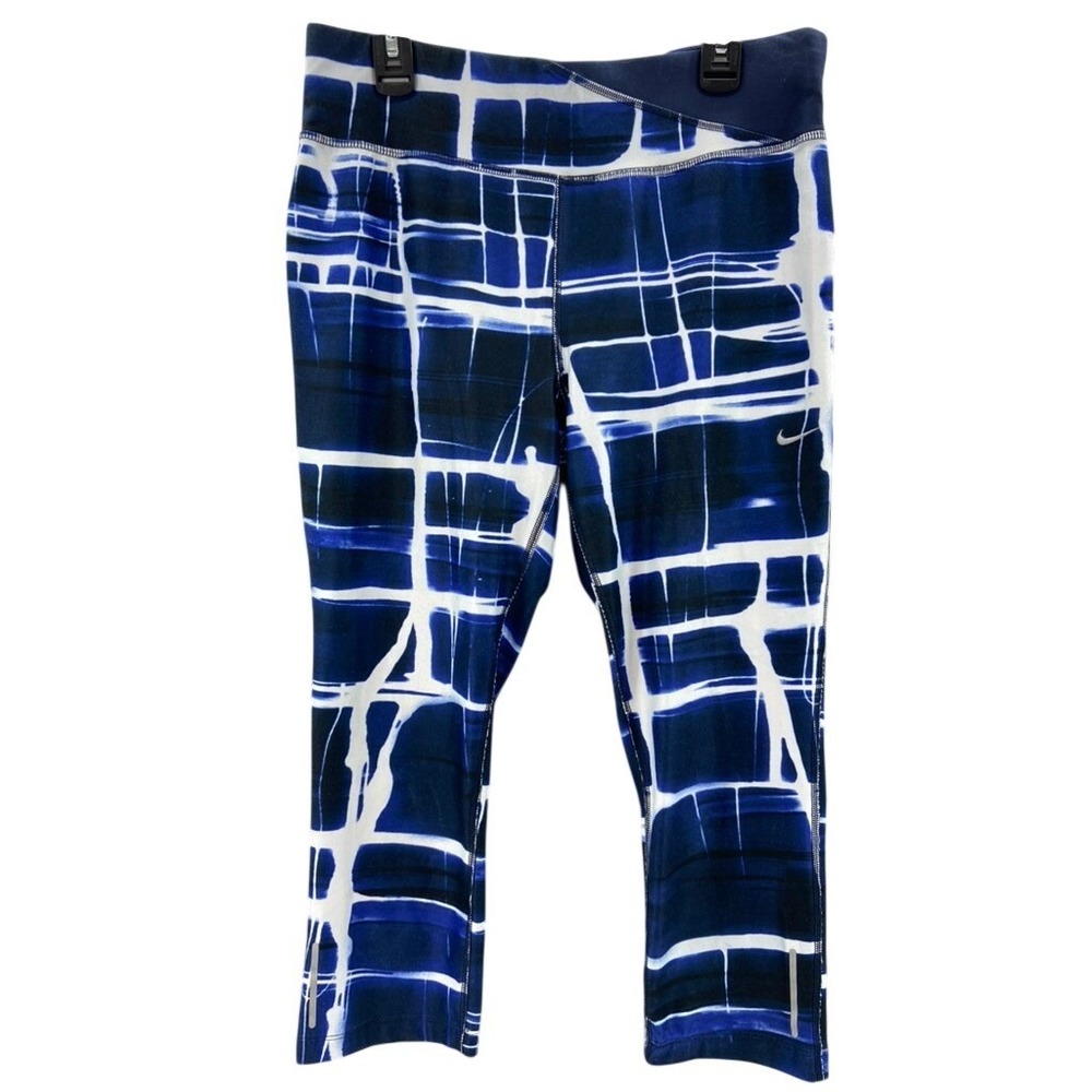 Nike Dri-FIT Leggings Womens Sz M Blue White Abstract Grid Cropped Running